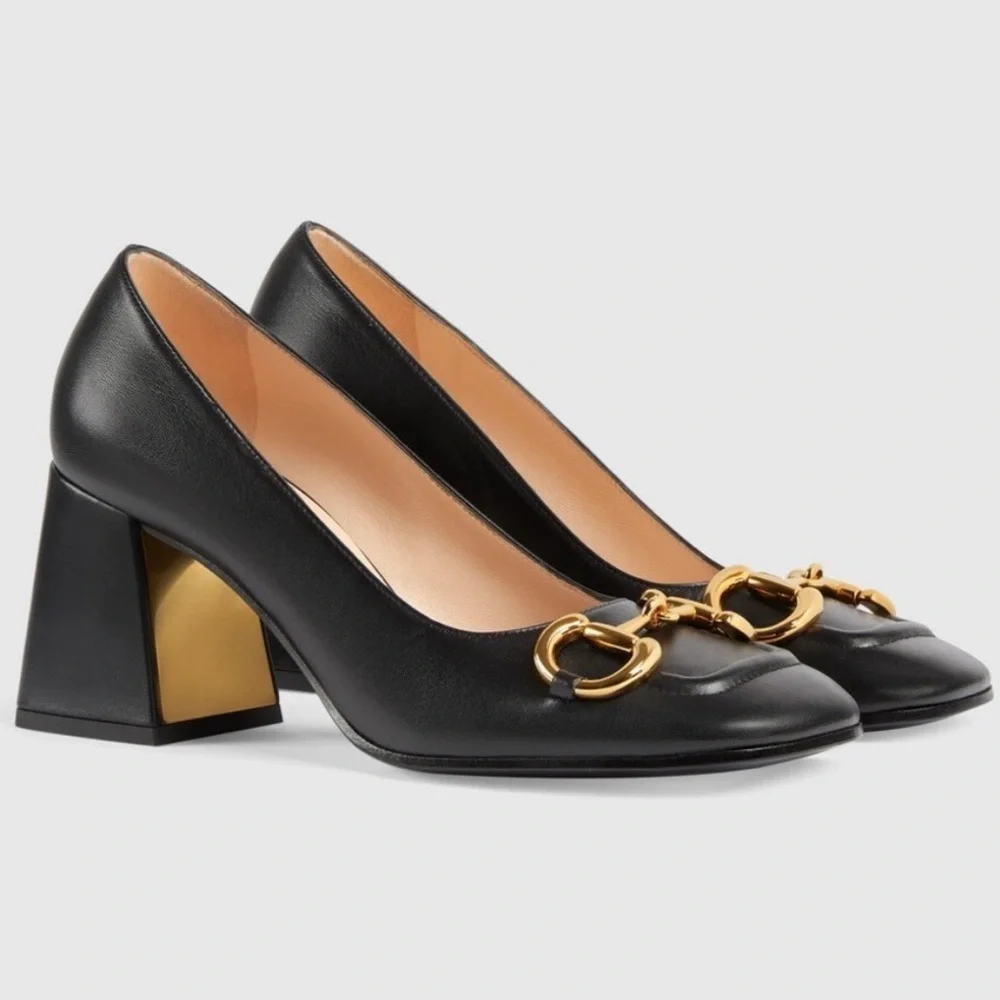 Gucci Shoes Mid-Heel Horsebit Pumps Block Heel Black Leather 38 - Picture 6 of 9